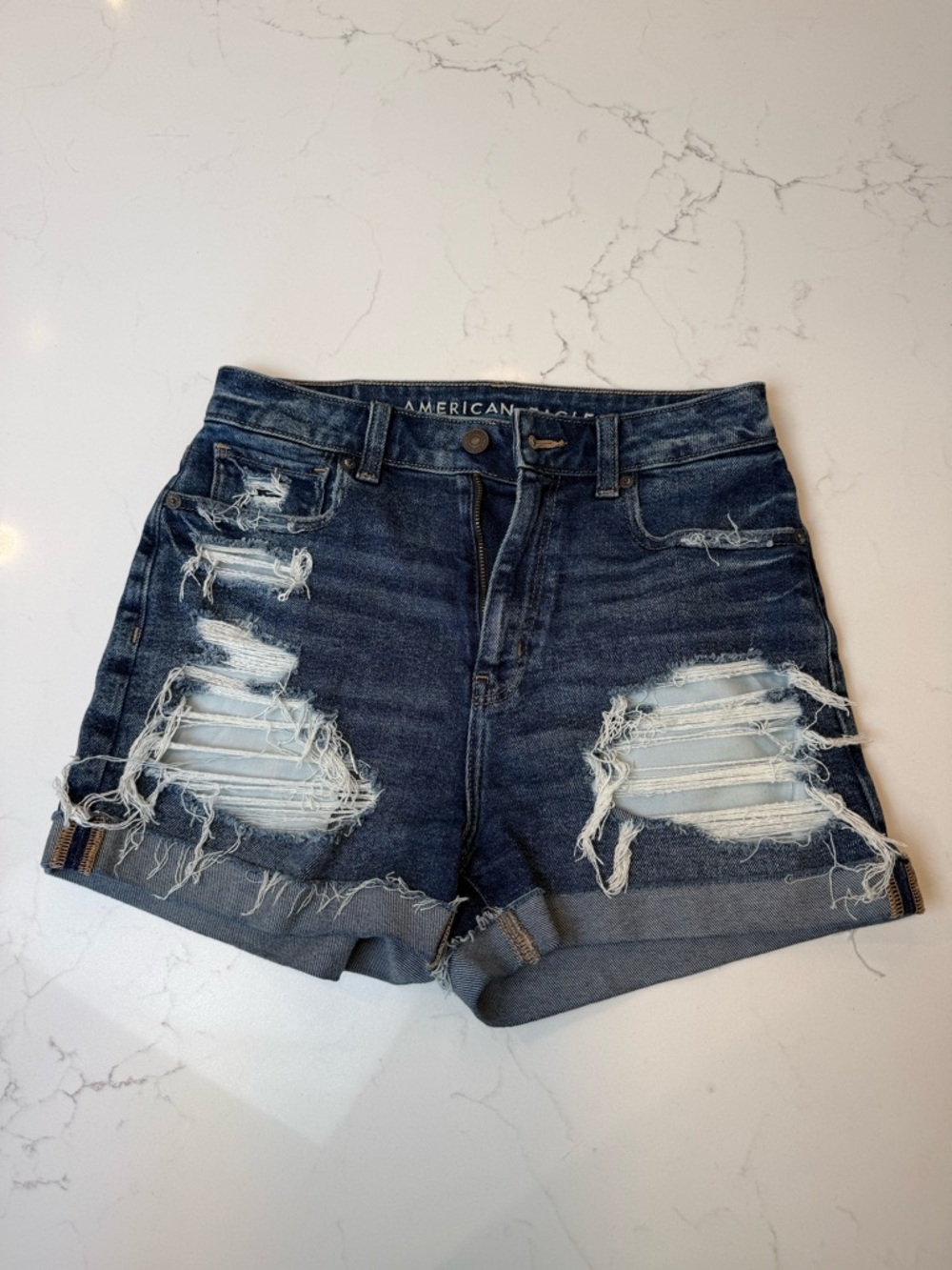 AEO Mom Short - Dark Blue Distressed Rolled-Hem Jean Shorts - sz 2
